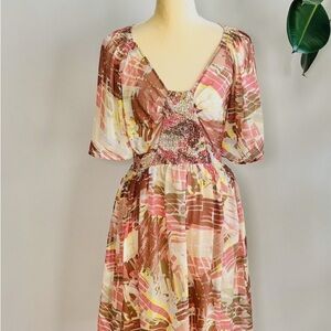 Sundance Pink and Orange Puff Sleeve Tiered Midi Dress